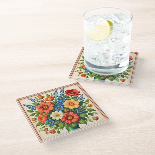 Retro Style Flower Bouquet | Glass Coaster