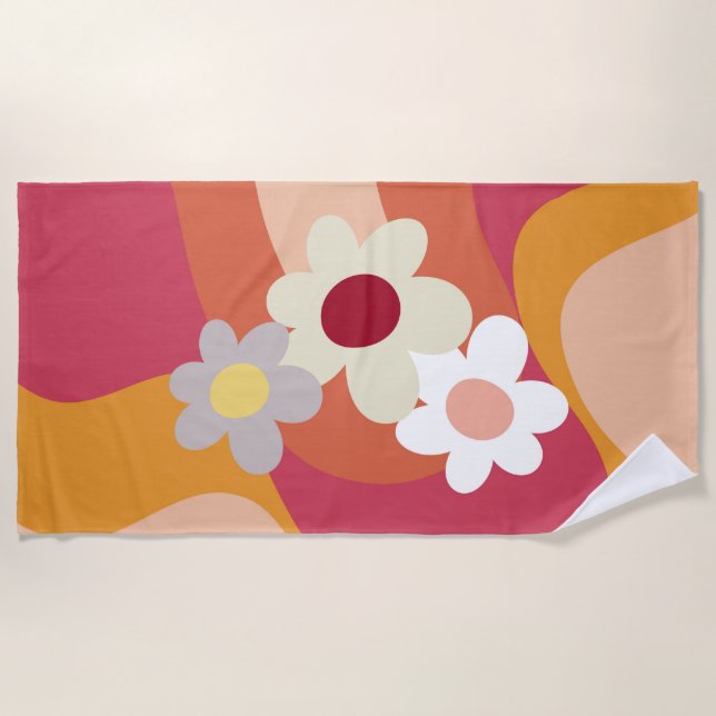 Retro style flowers and waves beach towel (Front)