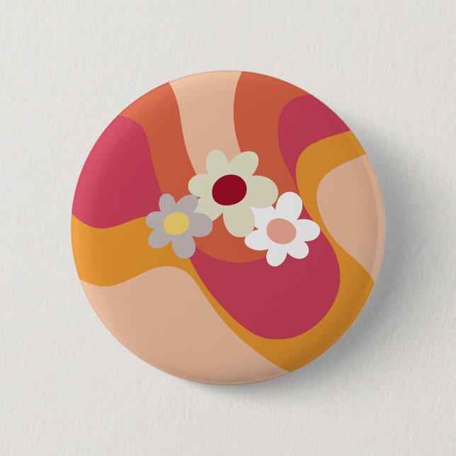 Retro style flowers and waves button (Front)
