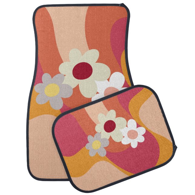 Retro style flowers and waves car floor mat (Set)
