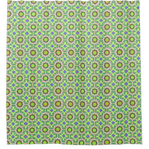 Retro style geometric pattern greens and blues shower curtain