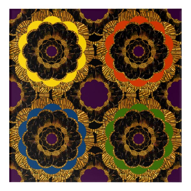 Retro Style Gold Flower Pattern Digital Art Tile (Front)