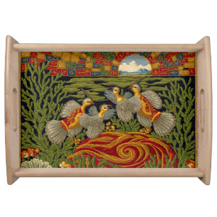 Retro Style Green Tapestry Exotic Birds Serving Tray
