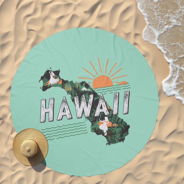 Retro Style Hawaii Silhouette Beach Towel (Beach)