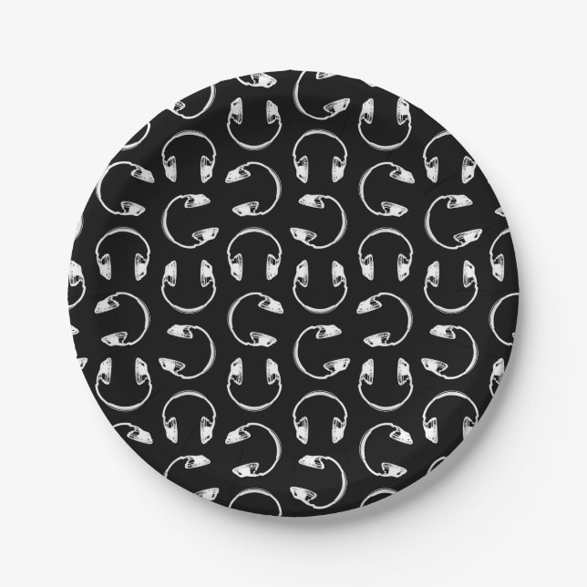 Retro Style Headphones Print Pattern MUsic Themed Paper Plates (Front)
