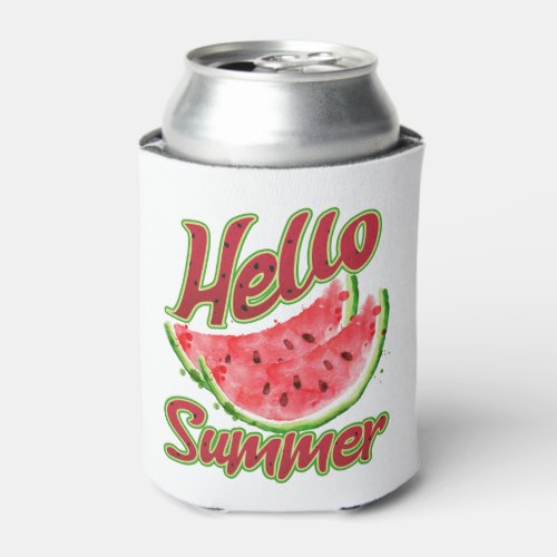 Retro_Style Hello Summer Watercolor Watermelon Can Cooler