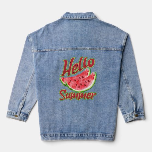 Retro_Style Hello Summer Watercolor Watermelon  Denim Jacket