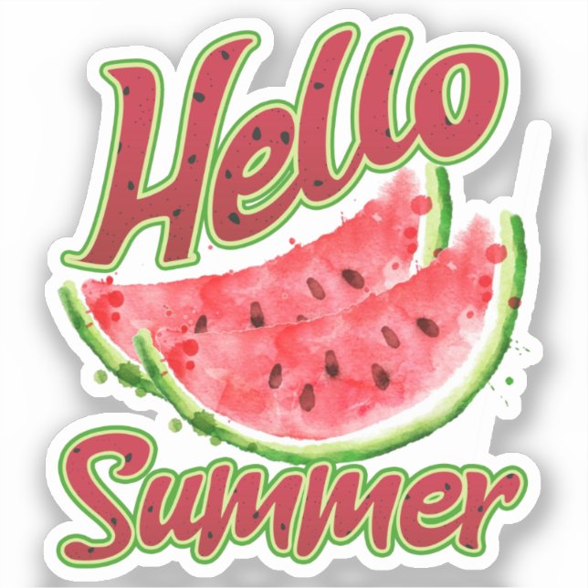Retro-Style Hello Summer Watercolor Watermelon Sticker (Front)