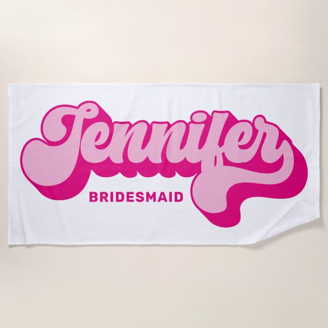 Retro Style Hot Pink Bride Custom Name Beach Towel (Front)