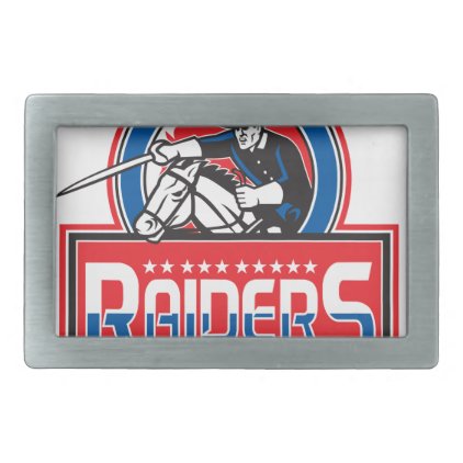 Retro style illustration of Cavalry Trooper on hor Rectangular Belt Buckle