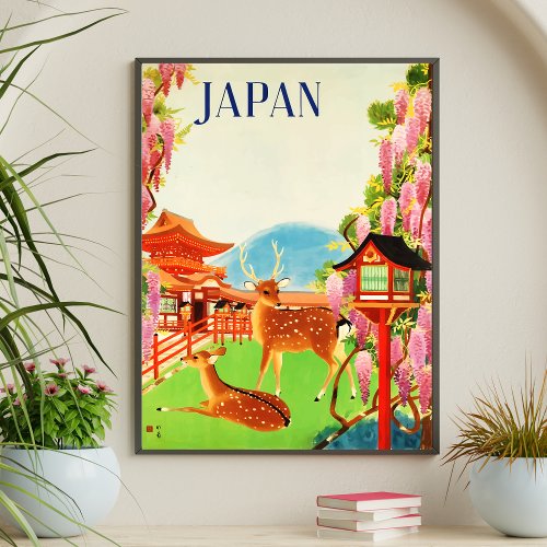 Retro Style Japan Deers Travel Poster