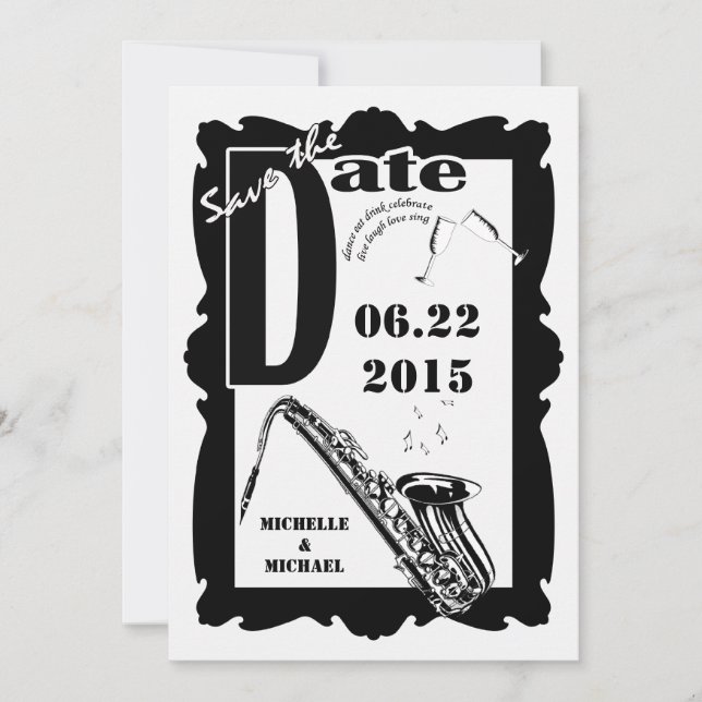Retro Style Jazz Save the Date Black White 2 Invitation (Front)