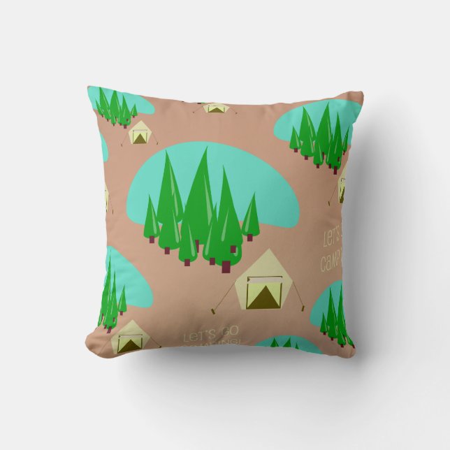 Retro Style Kitschy Camping Illustration Pattern Throw Pillow (Front)