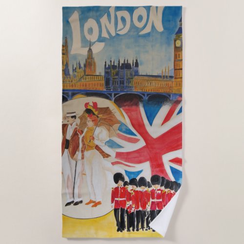 Retro Style London England Watercolor Art Beach Towel