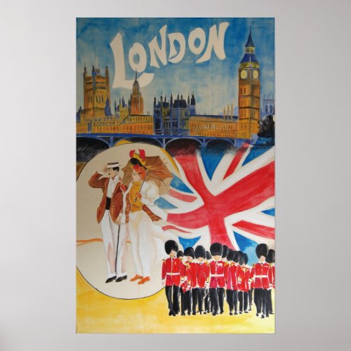 Retro Style London England Watercolor Art Poster