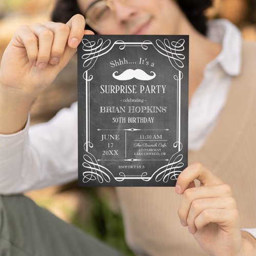 Retro Style Mustache Chalkboard Mens Bday Party Invitation