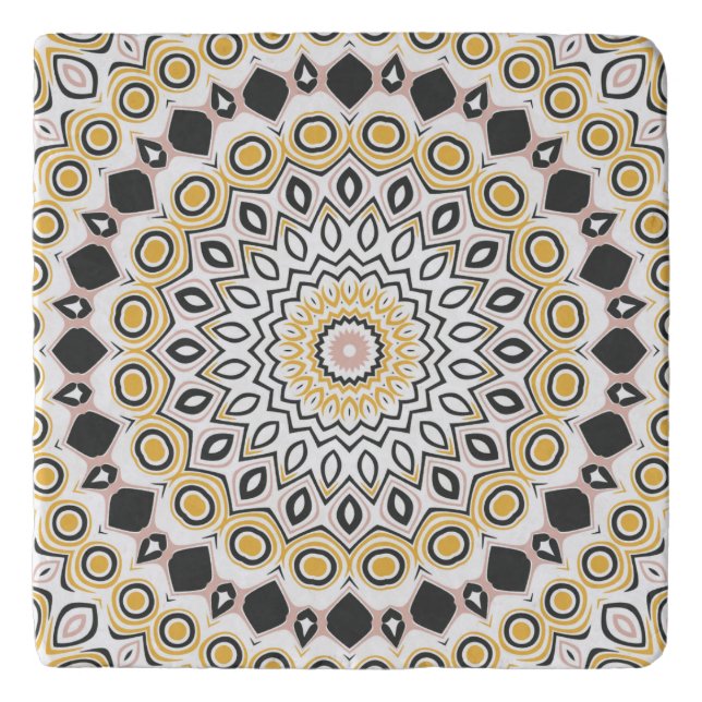 Retro Style Mustard Yellow and Black Medallion Trivet (Front)