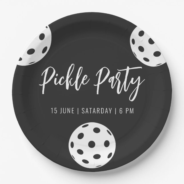 Retro Style Neon Black Themed Pickleball Birthday Paper Plates (Front)