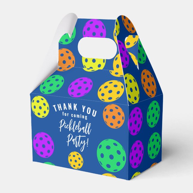 Retro Style Neon Blue Themed Pickleball Birthday Favor Boxes (Front Side)