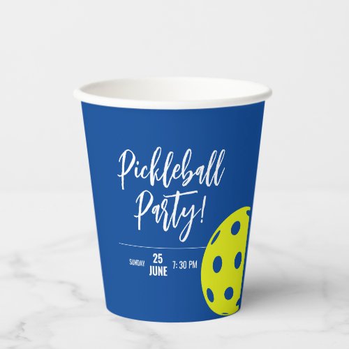 Retro Style Neon Blue Themed Pickleball Birthday Paper Cups