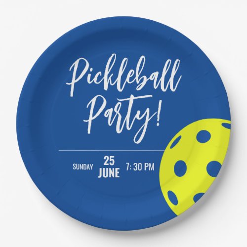 Retro Style Neon Blue Themed Pickleball Birthday Paper Plates