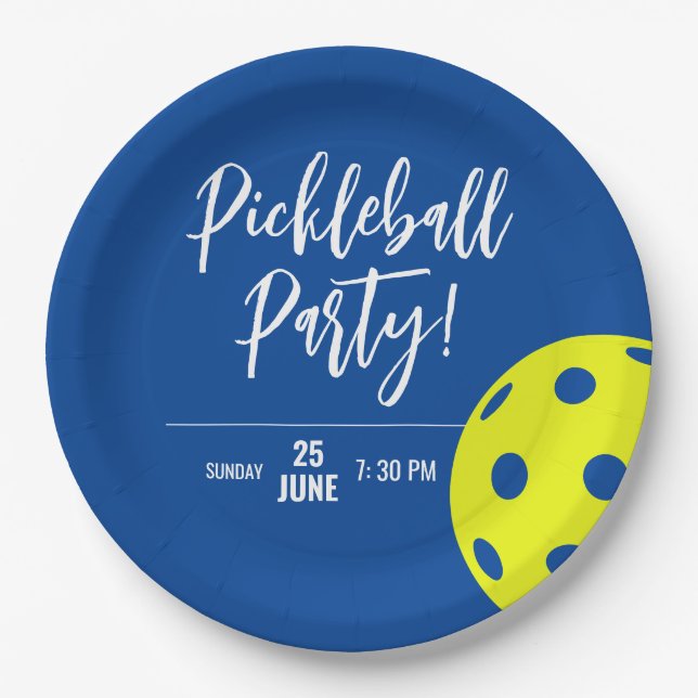 Retro Style Neon Blue Themed Pickleball Birthday Paper Plates (Front)