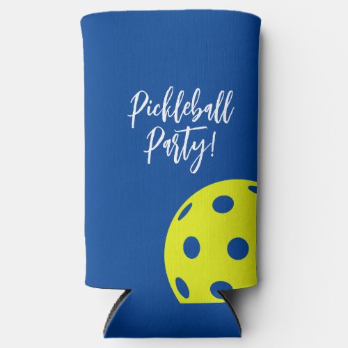 Retro Style Neon Blue Themed Pickleball Birthday Seltzer Can Cooler