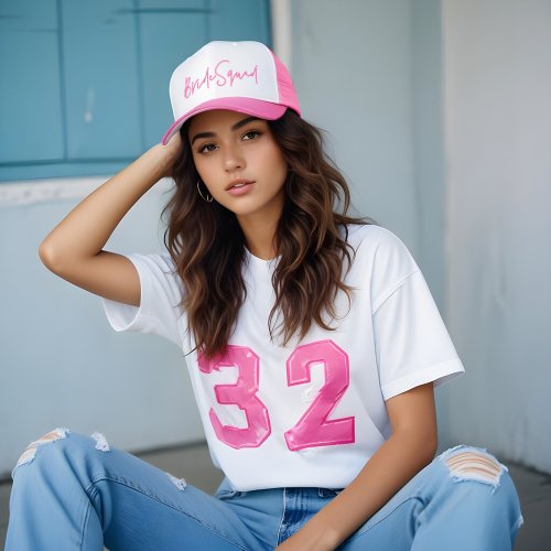 Retro Style Neon Pink Bride Squad Script Trucker Hat