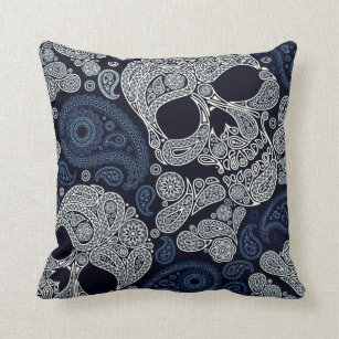 Retro Style Paisley Skull in Navy Blue Throw Pillow