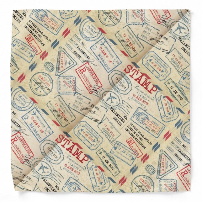 Retro Style Passport Stamps Gifts for Travelers Bandana (Front)