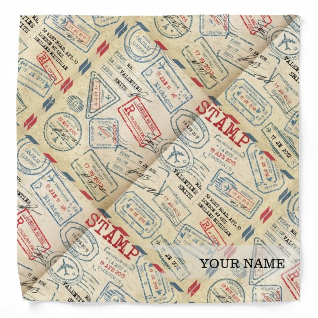Retro Style Passport Stamps Personalized Gift Bandana (Front)