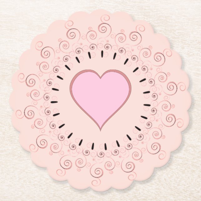 Retro Style Pink Heart Paper Coaster (Front)