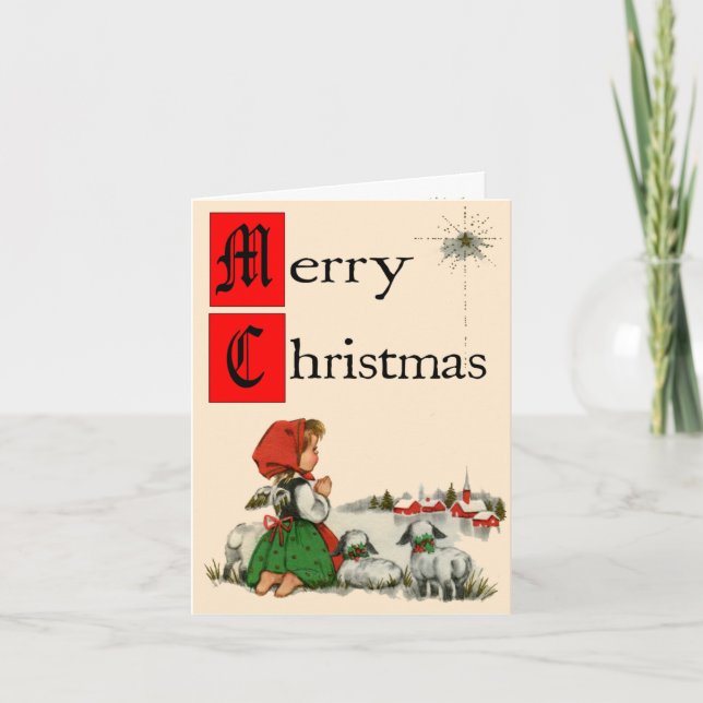 Retro-Style Praying Girl Christmas Card (Front)