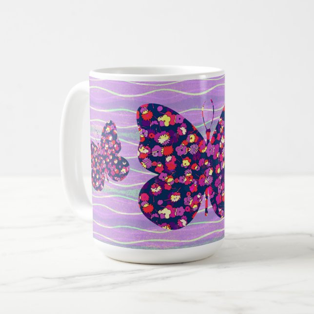 Retro Style Purple Butterfly Flower Mug Cup (Front Left)