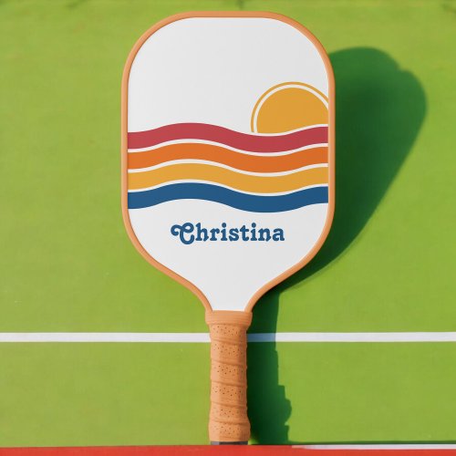 Retro Style Sunrise Pastel Rainbow script name Pickleball Paddle