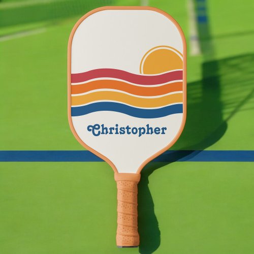 Retro Style Sunrise Pastel Rainbow script name Pickleball Paddle