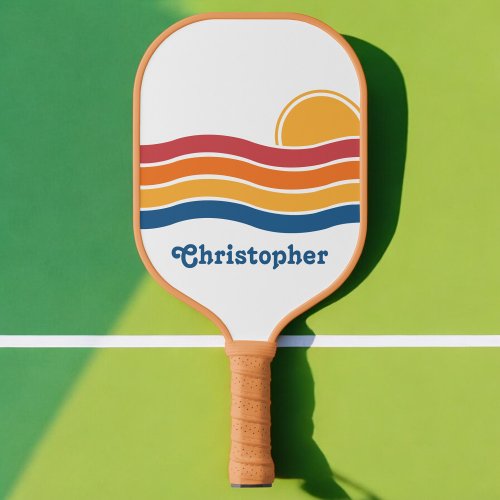 Retro Style Sunrise Pastel Rainbow script name Pickleball Paddle