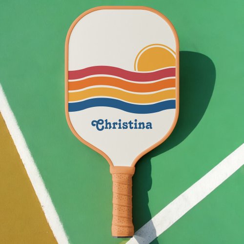 Retro Style Sunrise Pastel Rainbow script name Pickleball Paddle