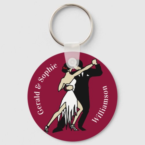 Retro_style Tango Dancers on Rich Burgundy  Keychain