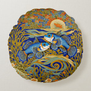Retro Style Tapestry Blue Mandarin Fish Round Pillow