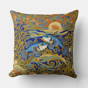 Retro Style Tapestry Blue Mandarin Fish Throw Pillow