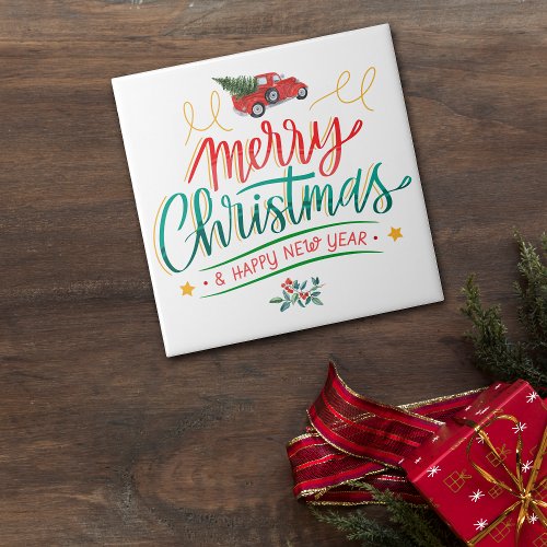 Retro Style Truck Merry Christmas Ceramic Tile