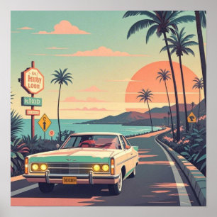 Retro-style vintage car on beach front road poster