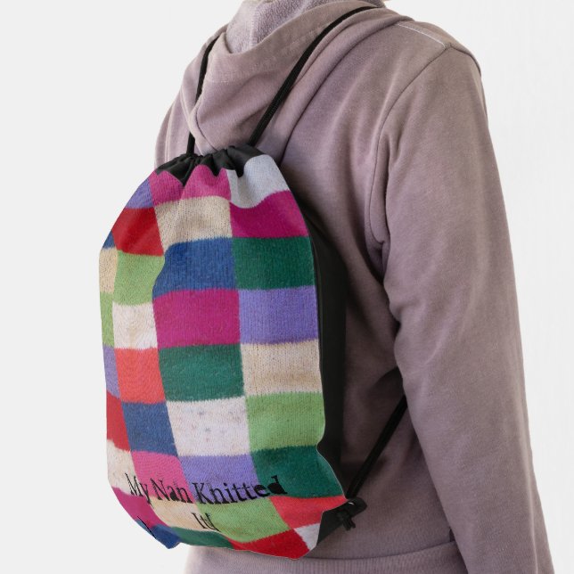 retro style vintage hand knitted patchwork  drawstring bag (Insitu)
