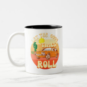 Retro style vintage sunset and classic car Two-Tone coffee mug