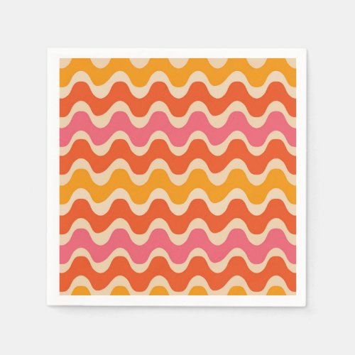 Retro Style Waves Pattern in pink orange and red Napkins