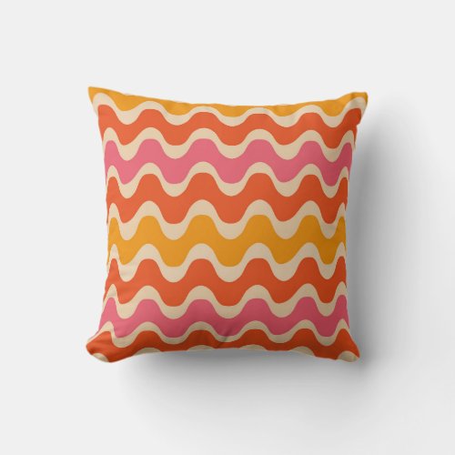 Retro Style Waves Pattern in pink orange and red  Throw Pillow