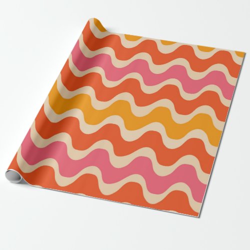 Retro Style Waves Pattern in pink orange and red  Wrapping Paper