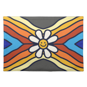 Retro Style Wavy Lines and Smiling Daisy Cloth Placemat