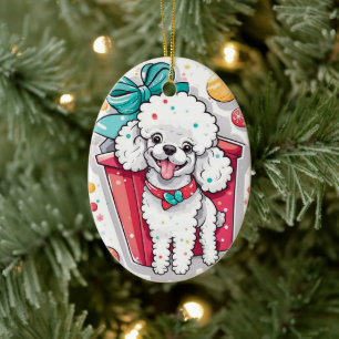 Retro Style White Poodle Christmas Ceramic Ornament